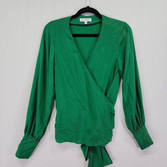 Intermix Silk Wrap Blouse Size 4 Green Long Sleeve Button Wrist - Picture 11 of 14
